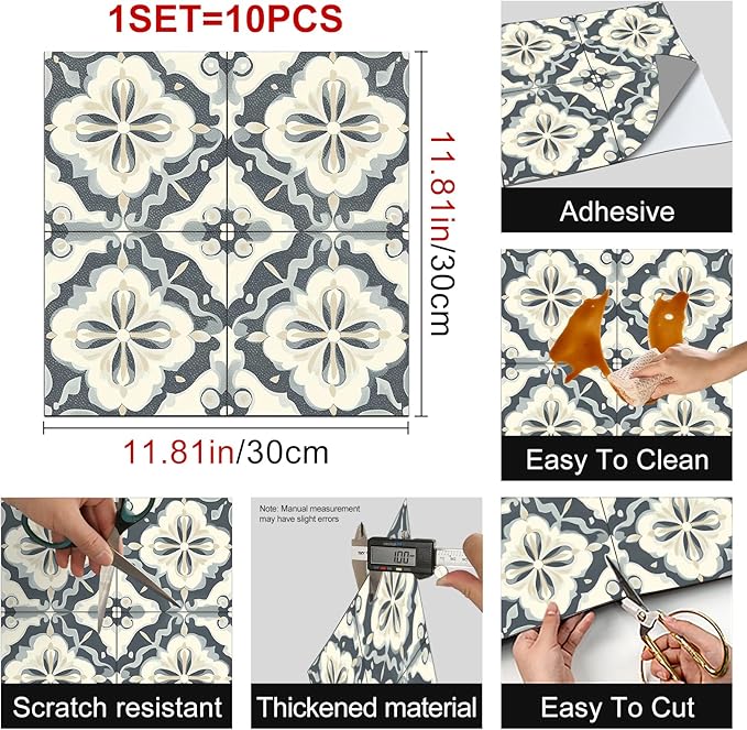 10PCS 12x12 Inch Gray Blue Vintage Floral Peel and Stick Floor Tiles Removable Self Adhesive Vinyl Flooring Stickers for Bathroom Kitchen Entryway Home Decor