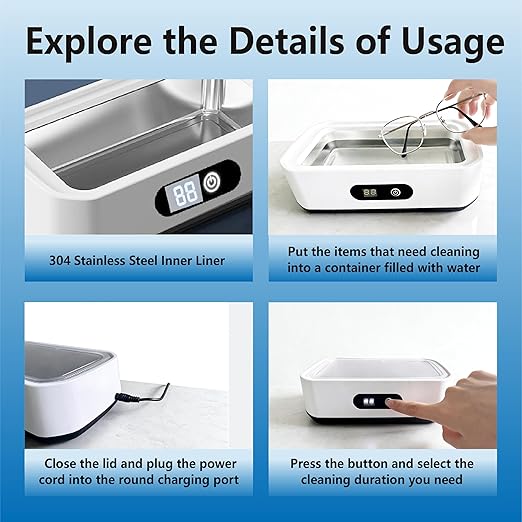 Ultrasonic Jewelry Cleaner, 49KHz Enhanced Ultrasonic Cleaneing Machine with 5 Modes Digital Timer for Eyeglasses, Jewelry, Watch Straps and Dentures, 304 Stainless Steel Water Tank