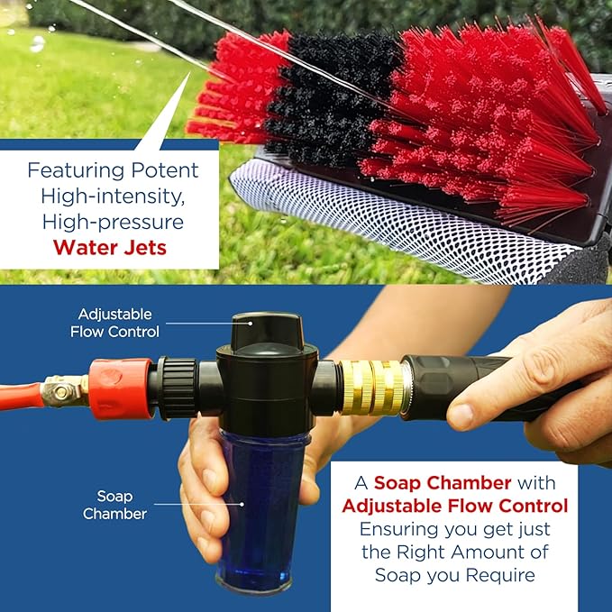 HydroCleaner XL Telescoping Power Wash Brush with Hose Attachment, Perfect for RV & Car Washing, Cleaning Decks and Sidings - Built-in Soap Dispenser and High-Intensity Power Jets