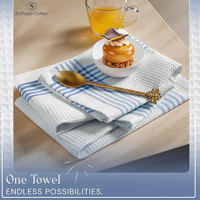 Waffle White & Sky Blue Kitchen Towels 4 Pack, 100% Cotton 16x26 inches, Quick Dry Bar Mop Towel, Super Absorbent Wash Cloths for Cleaning, Drying Dishes, Long Lasting Dishcloth