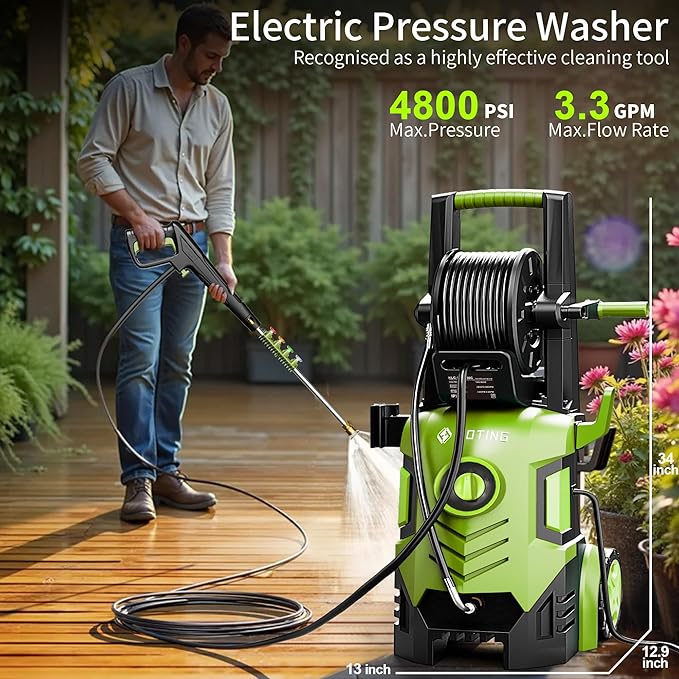 2026New Pressure Washer 4800PSI, 34" Tall, 4 Quick Connect Nozzles,Inlet Hose&Filter&500mlFoam Cannon for Cars/Fences/Driveways/Home Cleaning,Green