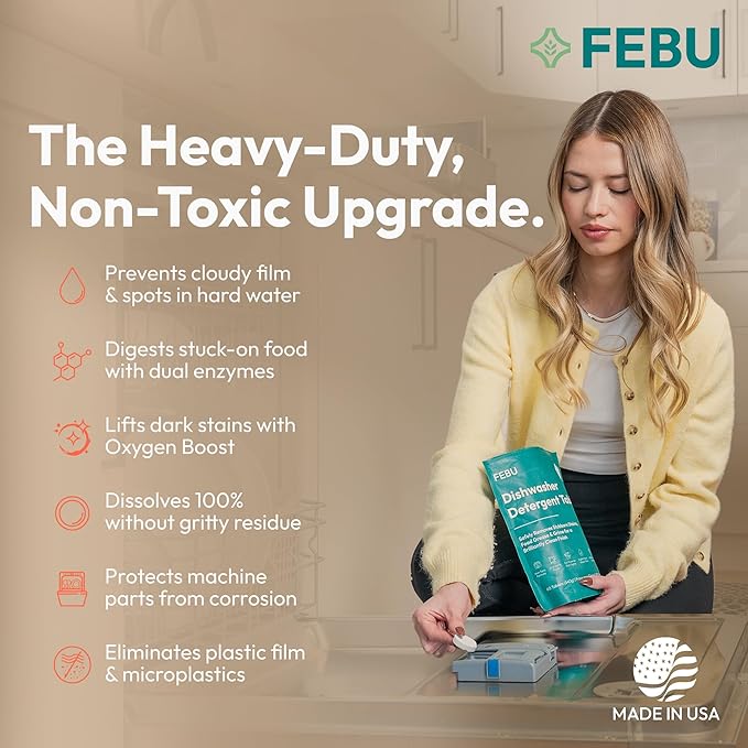 FEBU Plastic-Free Dishwasher Detergent Tablets for Deep Cleaning | Non-Toxic Dishwasher Pods, 60 Loads, 9g, Spot & Film-Free Even in Hard Water | Dissolves Fully, Enzyme + Oxygen Power | Unscented