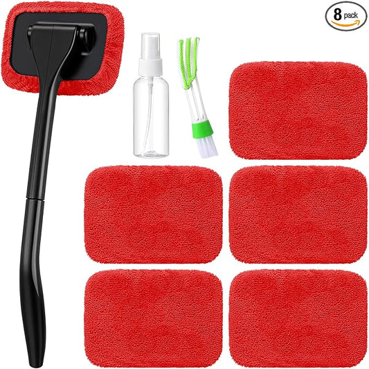 8 Pcs Car Windshield Cleaner Tool Kit with Removable Handle, Microfiber Towel Pads, Brush, Empty Spray Bottle for Auto Glass Wiper Suvs Rvs & Home Windows(Red)