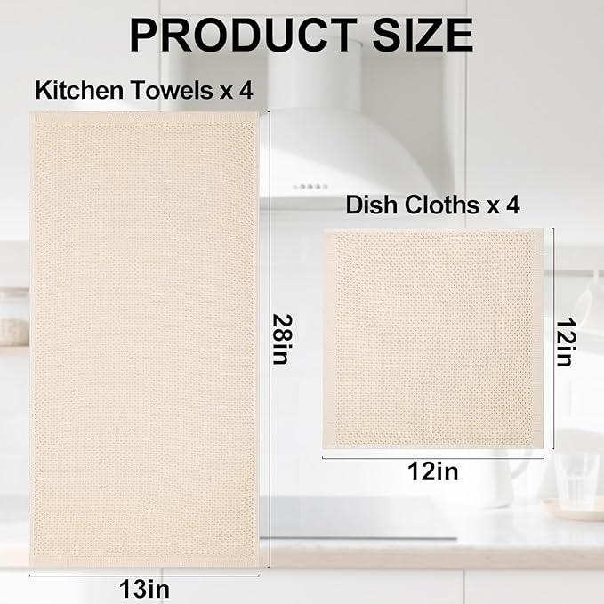 Homaxy 100% Cotton Kitchen Towels and Dishcloths Set, 12 x 12 Inches and 13 x 28 Inches, Set of 8 Bulk Kitchen Towels Set, Ultra Soft Absorbent Dish Cloths for Washing Dishes, Beige