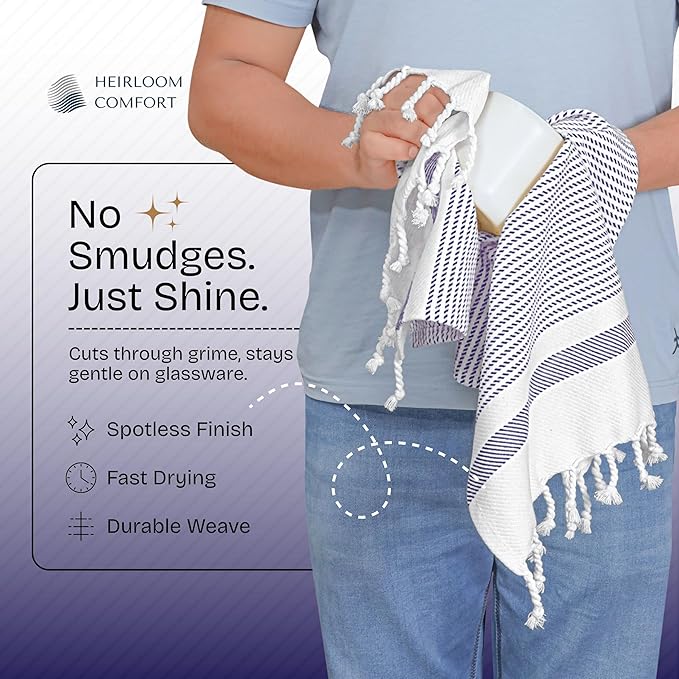 Indigo Blue Turkish Kitchen Towels 16x26 Inch, 3 Pack, 100% Cotton, Soft, Absorbent, Fast Dry, Machine Washable, Dish Towel with Tassels for Drying Dishes, Cleaning, Everyday Use