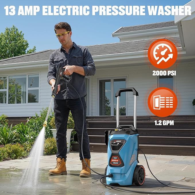 2000 PSI Electric Pressure Washer - 13 Amp, 1.2 GPM, Compact Design with 4 Quick-Connect Nozzles & Spray Gun - Includes 25 ft Hose and 35 ft Power Cord - Ideal for Cleaning Cars, Driveways, Patios