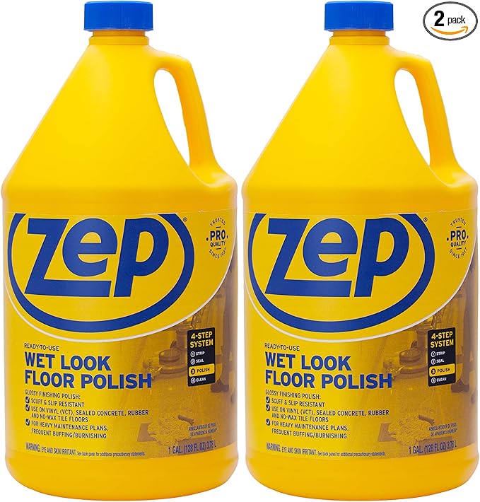 Zep Wet Look Floor Polish - 1 Gallon (Case of 2) ECZUWLFF1282 - Long Lasting Glossy Finishing Polish, Scuff & Slip Resistant, for Vinyl (VCT), Sealed Concrete, Rubber, and No-Wax Tile Floors