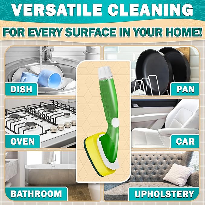 Dish Wand with Soap Dispenser - Dish Sponge with Handle for Quick Dishwashing, High-Density Non-Scratch Cellulose Head, 7 Sponge Refills Included - Leak-Proof Design for Clean & Easy Soap Control