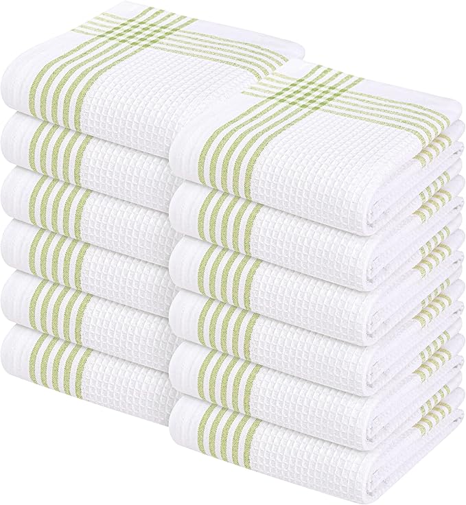 Waffle White & Lemon Green 12 Pack Kitchen Towels, 100% Cotton, 16x26 inches, Everyday Use Dish Cloths Set, Durable and Absorbent Hand Towel, Ideal for Drying Dishes, DIY Embroidery