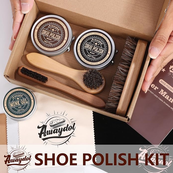 10 PCS Shoe Care Kit - Horsehair Brushes, Black Brown Polish Cream,Mink Oil Conditioner for Shoes,Polishing Cloth, Leather Boots Shine Care Kit ﻿Gift for Men Cowboy Husband Dad ﻿