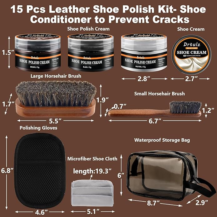15Pcs Shoe Care Kit with Men & Women, Shoe Polish Brush Black Brown Neutral Oil Gentle Care for Shoes, Leather Boots Care, Shoe Cleaning Kit for Shine