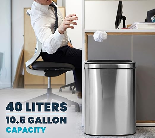 Alpine Stainless Steel Open Top Trash Can 10.5 Gallon - 40L Garbage Can for Kitchen, Bathroom, Office & More with Removable Bin, Brushed Nickel Finish, Space-Saving Slim Modern Design