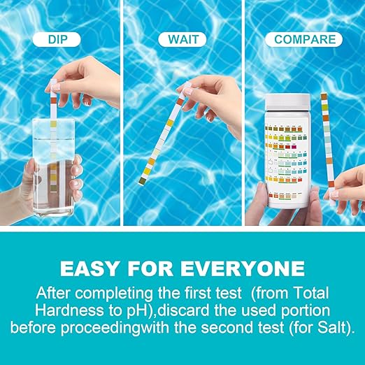 Salt-Water Pool Test Strips Kit: 25 Counts 8-in-1 for Salt Water Pool Testing Kit, Salt Pool Test Strips for Hot Tub Spa Testing Salt Chlorine pH and More