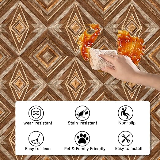 Nuxovilar Peel and Stick Vinyl Flooring, 12x12 Inch Geometric Wood Parquet Pattern, Self-Adhesive Flooring (10 Pcs)