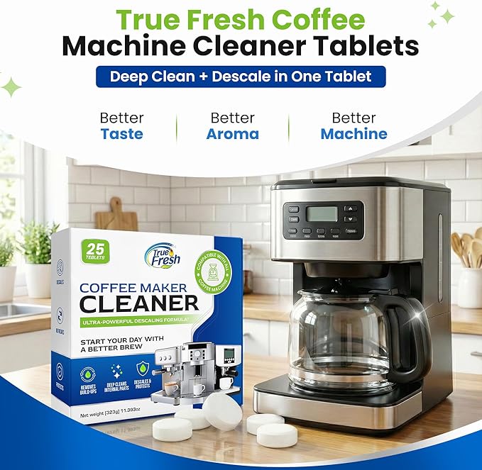 True Fresh Coffee Machine Cleaner & Descaler Tablets 25 Pack - Removes Limescale & Oils, Compatible with Keurig, Nespresso, Breville, Delonghi, Miele - for Espresso & Drip Makers, 1 Year Supply