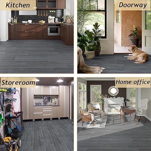 Freshtour Vinyl Flooring Roll, Versatile Removable PET Leather-Like Floor Covering, Waterproof & Durable, Easy Tape Installation, Cost-Effective for Any Room, Dark Grey Oak/ 53.82 Sq.ft (39.3" x 197")