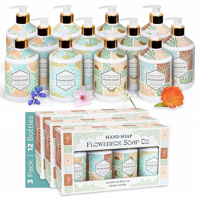 FlowerBox Liquid Hand Soap with Pump – Set of 12 Scented, Decorative Hand Soap Dispensers for Bathroom and Kitchen – 500 mL Luxury Floral Mosaic Bottles, Gift Pack