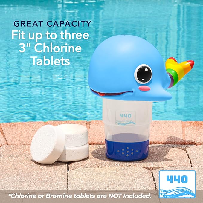 440 Pool Chlorine Floater Dispenser, Fits Up to 3 Pieces of 3-Inch Chlorine Tabs, Adjustable Flow, Control, Heavy-Duty Plastic - Suitable for Small & Large Pools - 8 Ounces | Cartoon Whale