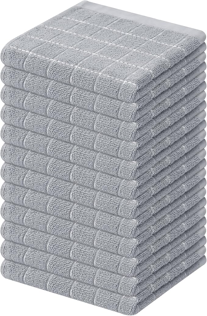 Mordimy 100% Cotton Terry Cloth Dish Cloths, Soft and Absorbent Checkered Dish Towels, Quick Drying Dish Rags for Washing Dishes, 12 Pack, 12 x 12 Inches, Light Grey