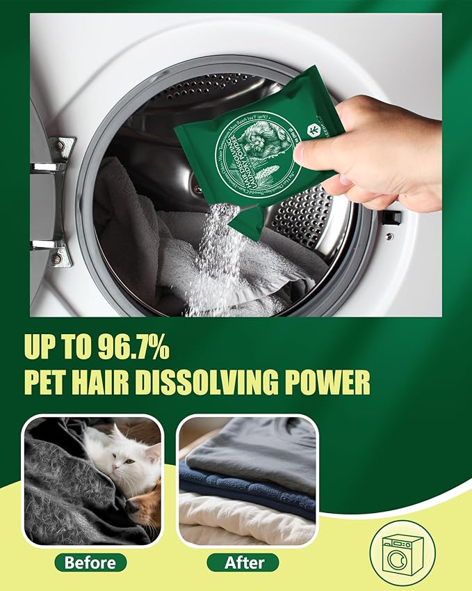 Pet Hair Remover for Laundry - Dissolves 96.7% Dog & Cat Hair, Detergent and Stain Remover for Clothes (2 Sachets), Septic Safe