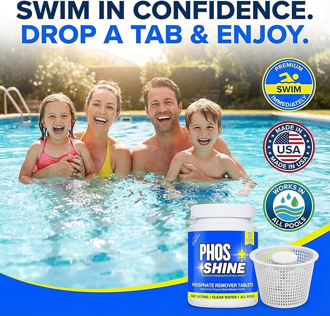 Phosphate Remover Pool Tablets - Quick Dissolve Skimmer Tabs, Individually Wrapped, 1 Tablet Treats 10,000 Gallons, Removes Up to 500 ppb, Salt and Chlorine Safe, Pool Chemicals, 10 Pack - BubbyShine