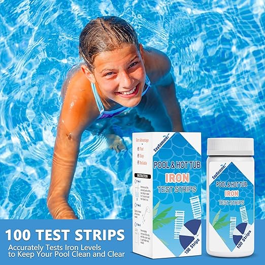 Iron Test Strips for Pool Water: 100 Counts Pool Iron Test Kit Testing 0-25 ppm Iron in Hot-Tub Spa - Pool Metal Test Kit for Above-grough and Inground Pool Testing Iron (Fe2+ and Fe3+)