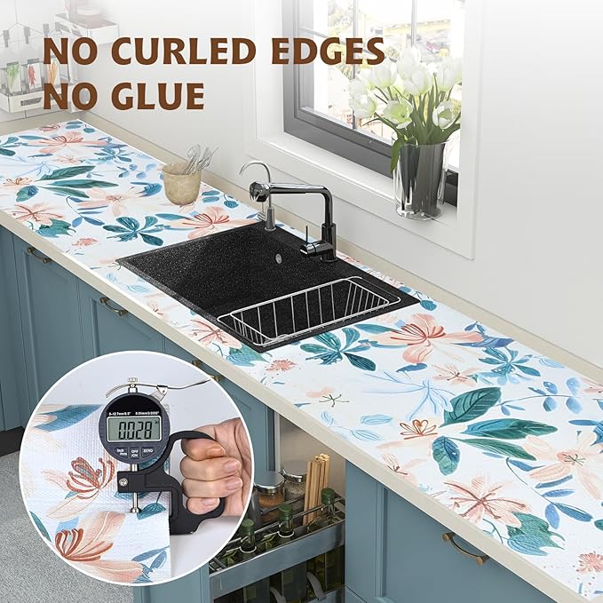 Shelf Liners for Kitchen Cabinets 17in x 30FT, Non Adhesive Drawer Liner Colored Flowers Thickened Shelf Liner Non-Slip Easy to Clean for Tool Box Refrigerator with Knife and Tape Measure