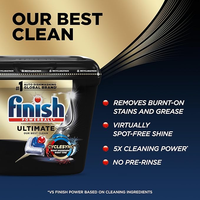 Finish Ultimate Dishwasher Pods, No Pre-Rinse Dishwasher Detergent Soap Removes Burnt-On Stain, with CycleSync Technology, Degreasing & Scrubbing Power, 38 Count