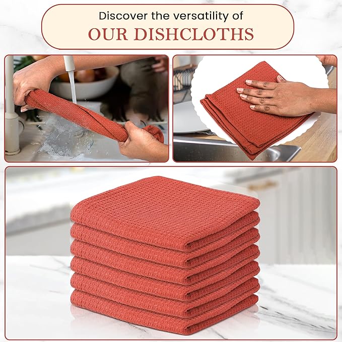 Vintage Vista 100% Cotton Waffle Dish Cloths (Pack of 6) - Dish Rags for Washing Dishes - Reusable & Highly Absorbent Kitchen Towels - Kitchen Rags for Christmas - (12" x 12" - Light Brown)