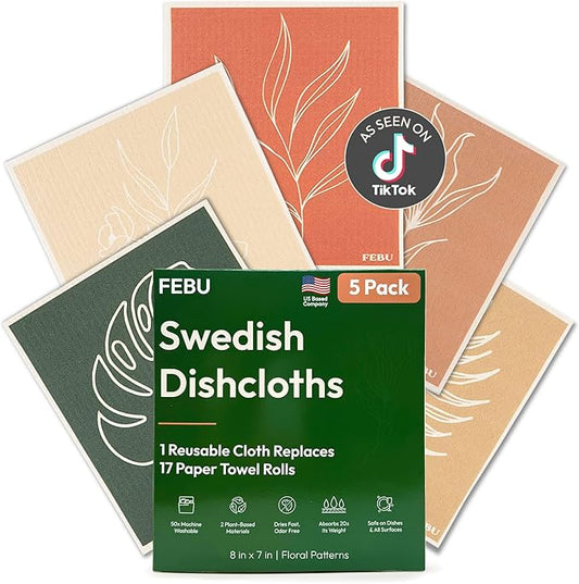 FEBU Swedish Dishcloths for Kitchen | 5 Pack Floral Reusable Paper Towels Washable | Swedish Dish Towels | Non-Scratch Cellulose Sponge Cloths | No Odor, Biodegradable Cleaning Cloths