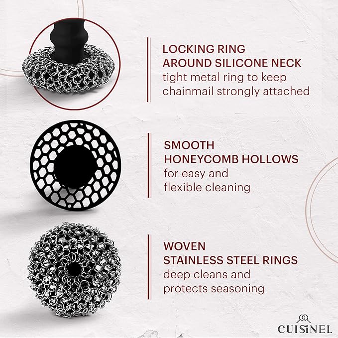 Cuisinel Cast Iron Chainmail Scrubber + Pan Scraper - Deluxe Ergonomic Stainless and Silicone Cleaner for Pots and Skillets - Food-Safe Design - Easy to Clean Dishwasher Safe Cookware Sponge Accessory