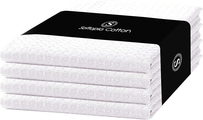 White Waffle Kitchen Towels Set of 4-100% Cotton, Super Absorbent, Soft, Quick Drying, 16x26 Inches, with Hanging Loop, Perfect for Dish Drying, Cleaning, Bar & Everyday Use