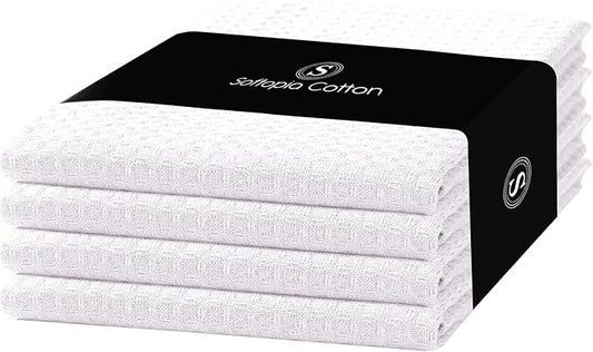 White Waffle Kitchen Towels Set of 4-100% Cotton, Super Absorbent, Soft, Quick Drying, 16x26 Inches, with Hanging Loop, Perfect for Dish Drying, Cleaning, Bar & Everyday Use