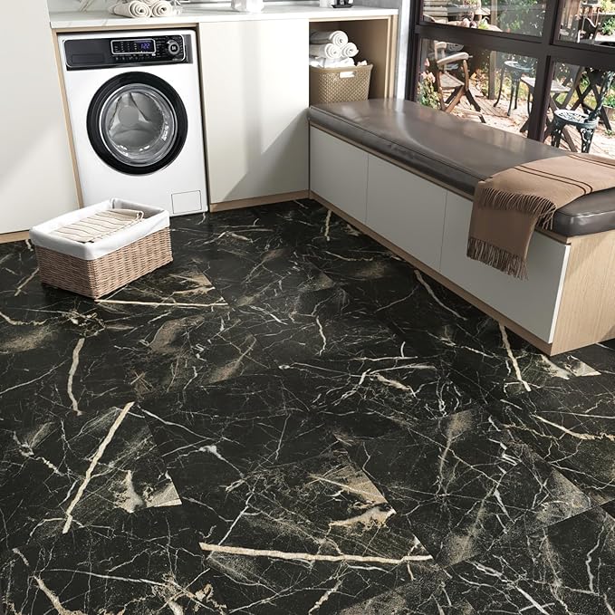 Marble Black Vinyl Flooring Tiles Peel and Stick Floor Tile 12''x12'' Self Adhesive Waterproof Floor Stickers for Kitchen Bathroom Decorative Flooring Sheets for Bedroom Basement RV Sticky Tiles 16PCS
