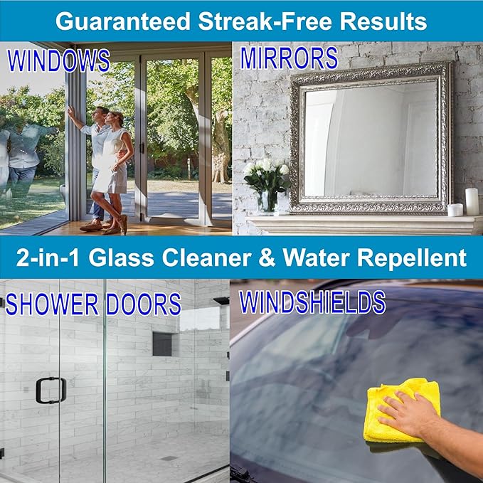 CPR Glass 2-in-1 Glass Cleaner & Water Repellent (22oz) + 2 Microfiber Applicator Towels | Deep Cleaning for Glass, Mirrors, Windows, Windshields, Shower Doors