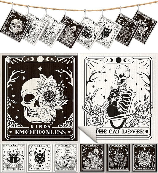 8 Pack Reusable Kitchen Dishcloths - Absorbent, Fast Drying, Washable Swedish Towels with Cute Black Skull Design