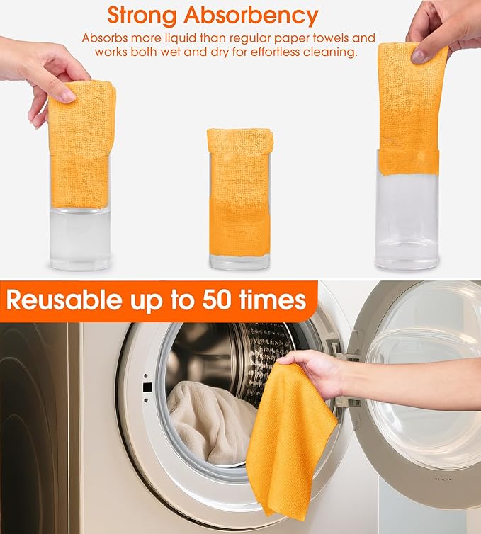 Microfiber Cleaning Cloth Roll–100 Pack, Tear Away Microfiber Towels, Reusable, Washable, Scratch-Free, Kitchen Towels for Car, Home, Kitchen, Glass, Dishes(Tangerine Yellow)