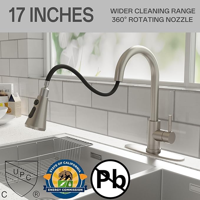 VXV Kitchen Faucets, Brushed Nickel Kitchen Faucet with Pull-Down Sprayer, Stainless Steel Sink Faucet for Farmhouse, RV, and Bar, Pull Out Kitchen Faucet with Deck Plate and 1/2'' Adapters