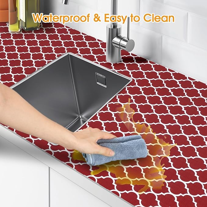 Shelf and Drawer Liner for Kitchen Cabinets Non-Adhesive, Strong Grip Non-Slip Thickened Cabinet Liners for Shelves, Waterproof Mats for Dresser Cupboard, Red/White, 17 in x 20 Feet
