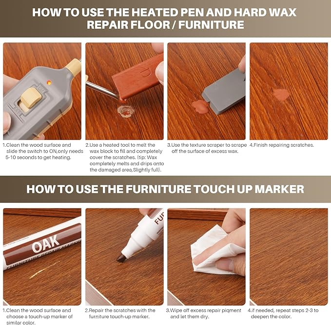 Laminate Floor Repair Kit with Heat Pen, 6 Color Wood Vinyl Floor Furniture Repair Kit Linoleum Repair Hard Wax Touch Up Marker Cover Scratches, Stains, Cracks, Holes for Door, Cabinet, Table