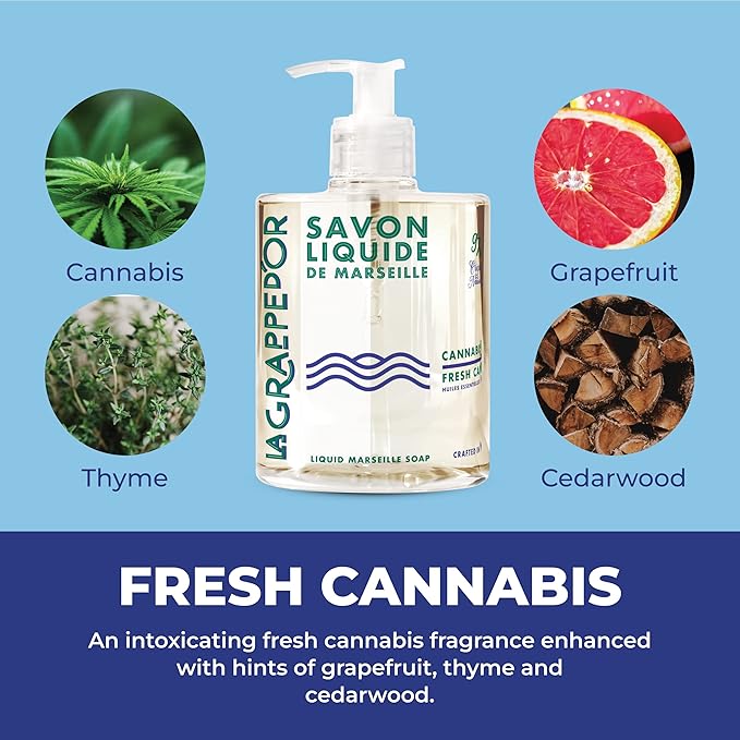 La Grappe d'Or Fresh Cannabis Scent Marseille Hand Soap with Essential Oils | Handmade in France from Moisturizing Organic Olive & Coconut Oil | Natural, Cruelty-Free & Vegan, 16.90 oz Liquid