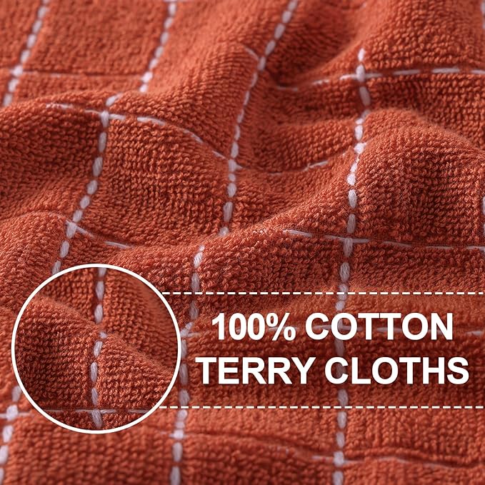 Homaxy 100% Cotton Terry Kitchen Towels(Rust, 13 x 28 inches), Checkered Designed, Soft and Super Absorbent Dish Towels, 6 Pack