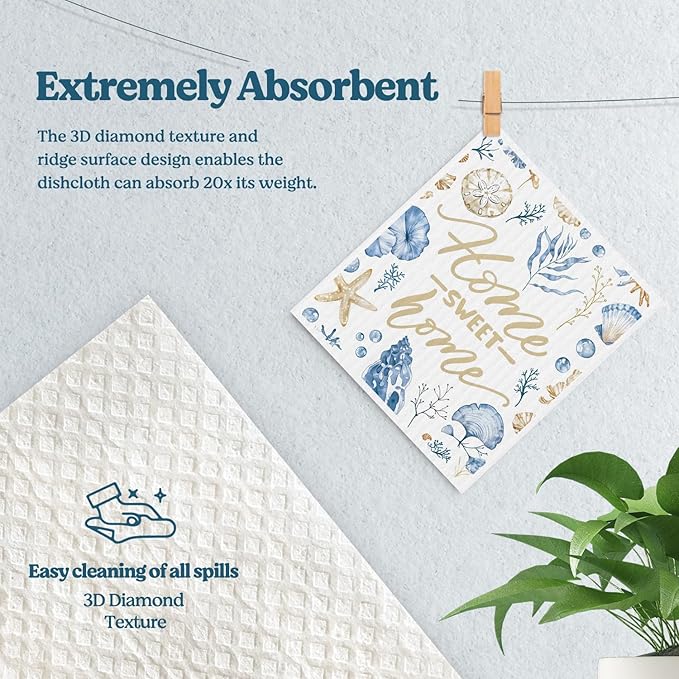 Swedish Dishcloths for Kitchen, Summer Coastal Kitchen Dish Towels for Washing Dishes, 4 Pack Reusable Paper Towels, Home Sweet Decor, Sponge Cloths for Home Cleaning Baking Cooking