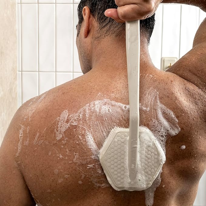 TOOLETRIES Silicone Back Scrubber - Exfoliating Shower Brush, Back Washer for Men, Durable Back Brush with Long Handle - Long Lasting Bath & Shower Accessories - Sand