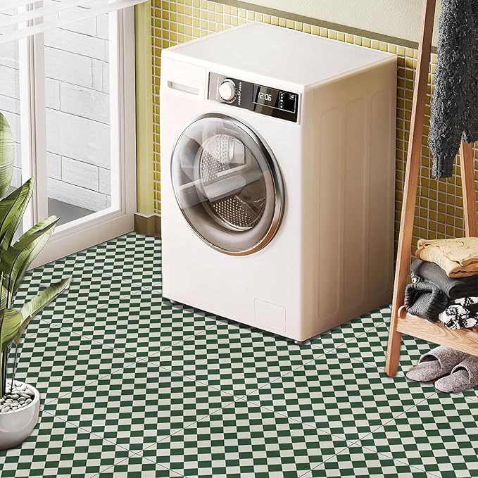 Elffloor Peel and Stick Floor Tile: 20pc 11.8 * 11.8in Self-Adhesive Waterproof Vinyl Flooring Green and White Tiles Sticker for Bathroom, Kitchen, Bedroom, Living Room