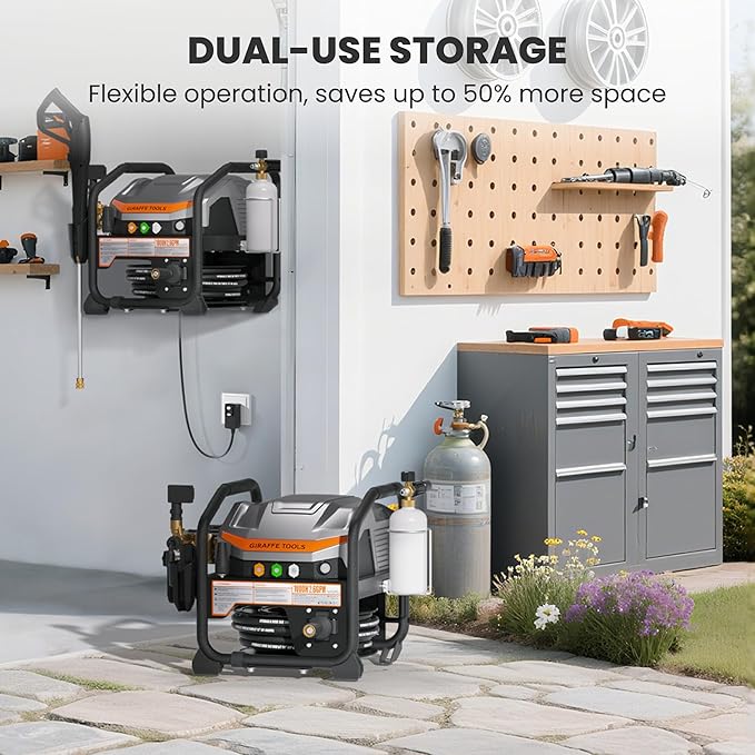 Giraffe Tools Crossfalls Retractable Pressure Washer Ultra, Features 1000H All-Copper Pump, Dual Wall/Floor Mount, Brushless Motor, 60dB Low Noise, High Efficiency Cleaning Machine