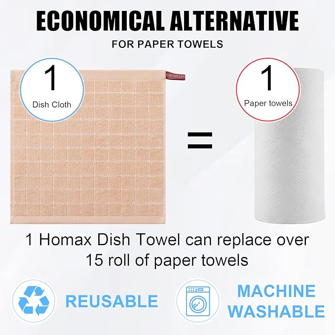 Homaxy 100% Cotton Terry Kitchen Dish Cloths, Ultra Soft and Absorbent Dish Towels for Kitchen, Suitable for Drying and Washing Dishes, 12 Pack, 12 x 12 Inches, Apricot