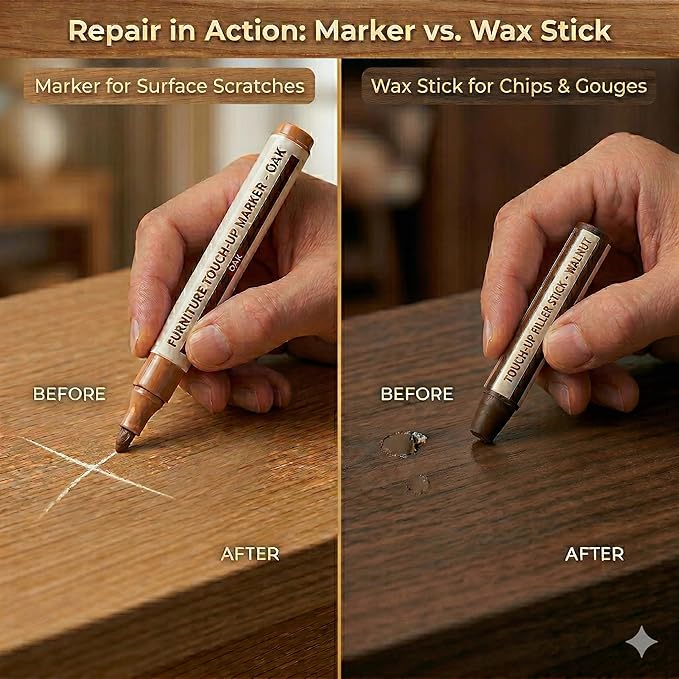 Lifreer Furniture Markers Touch Up Kit, 21 Pcs Wood Scratch Repair Kit with 10 Color Touch Up Pens, Wax Filler Sticks & Sharpener for Wood Floors, Cabinets, Tables, Desks & Bedposts