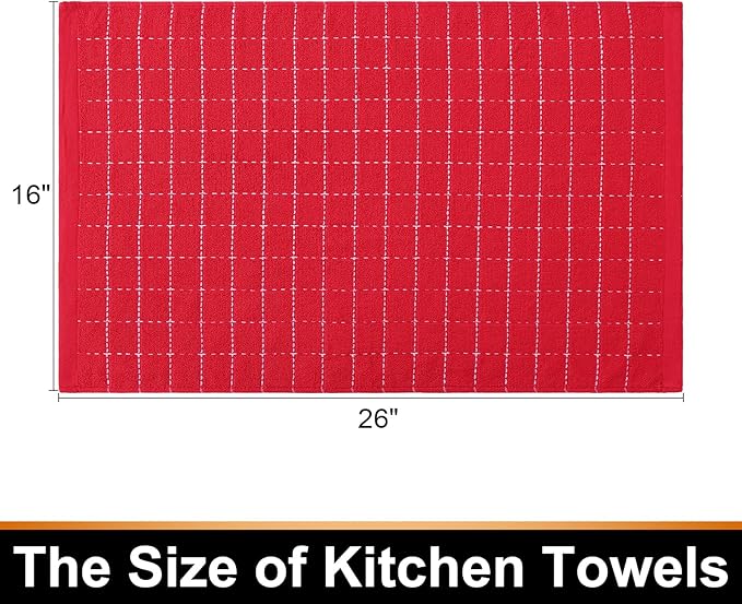 Mordimy 100% Cotton Terry Cloth Kitchen Towels, Super Soft and Absorbent Dish Towels for Drying, Checkered Designed Hand Towels for Kitchen, 16 x 26 Inches, 6 Pack, Red