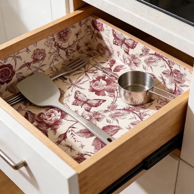 Drawers Liner Contact Paper for Dresser Peel and Stick Wallpaper Sketched Design 15.7x787.4in Self Adhesive Removable Red Maroon Rose Floral Butterfly Vintage Cabinet Shelf Renter Friendly